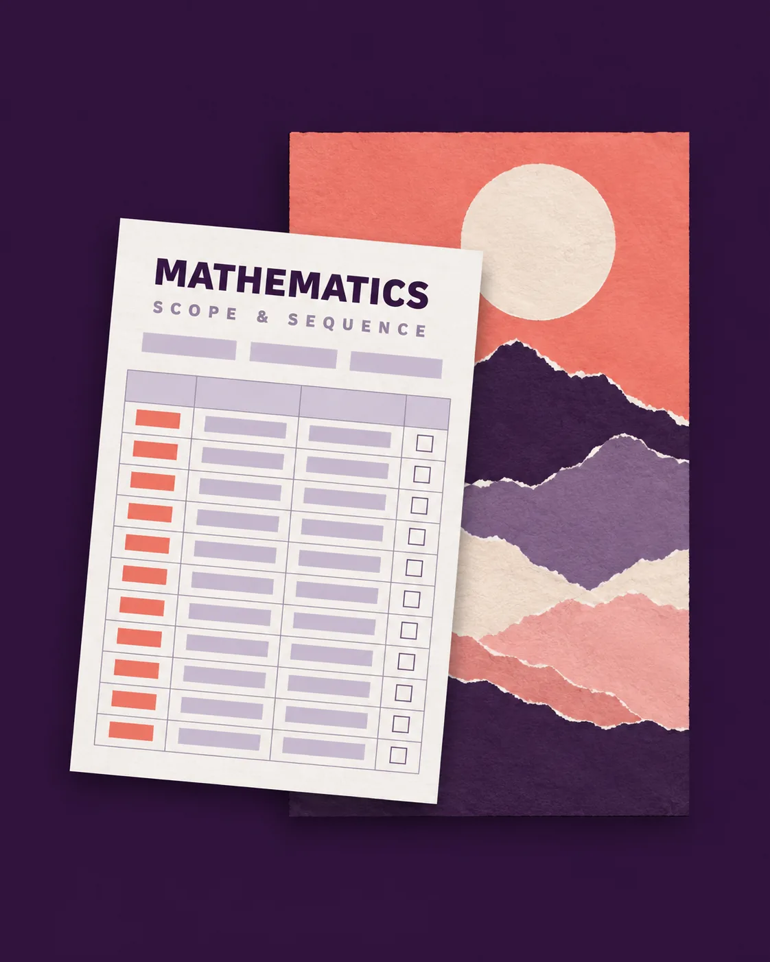 A printed Mathematics scope and sequence sheet in front of a torn-paper sun and mountains